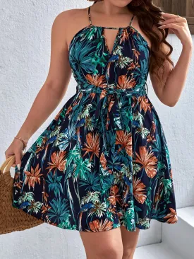 🌸 Halter Neck Dress with Vibrant Plant Print – Plus Size