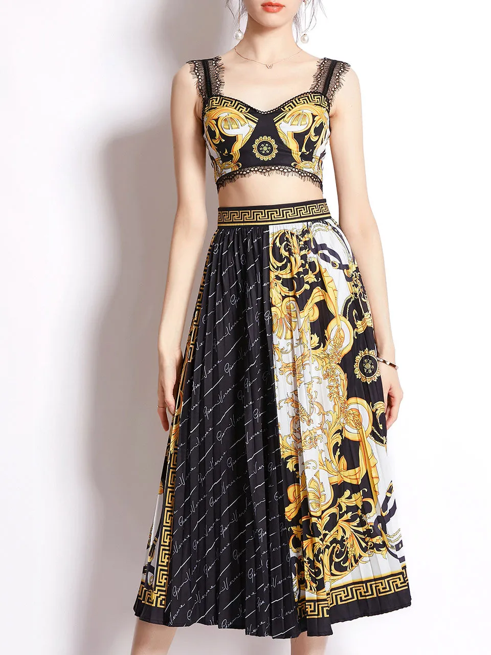 2PS Yellow Lace Strap Floral Print Sleeveless Top And Pleated Skirt Set