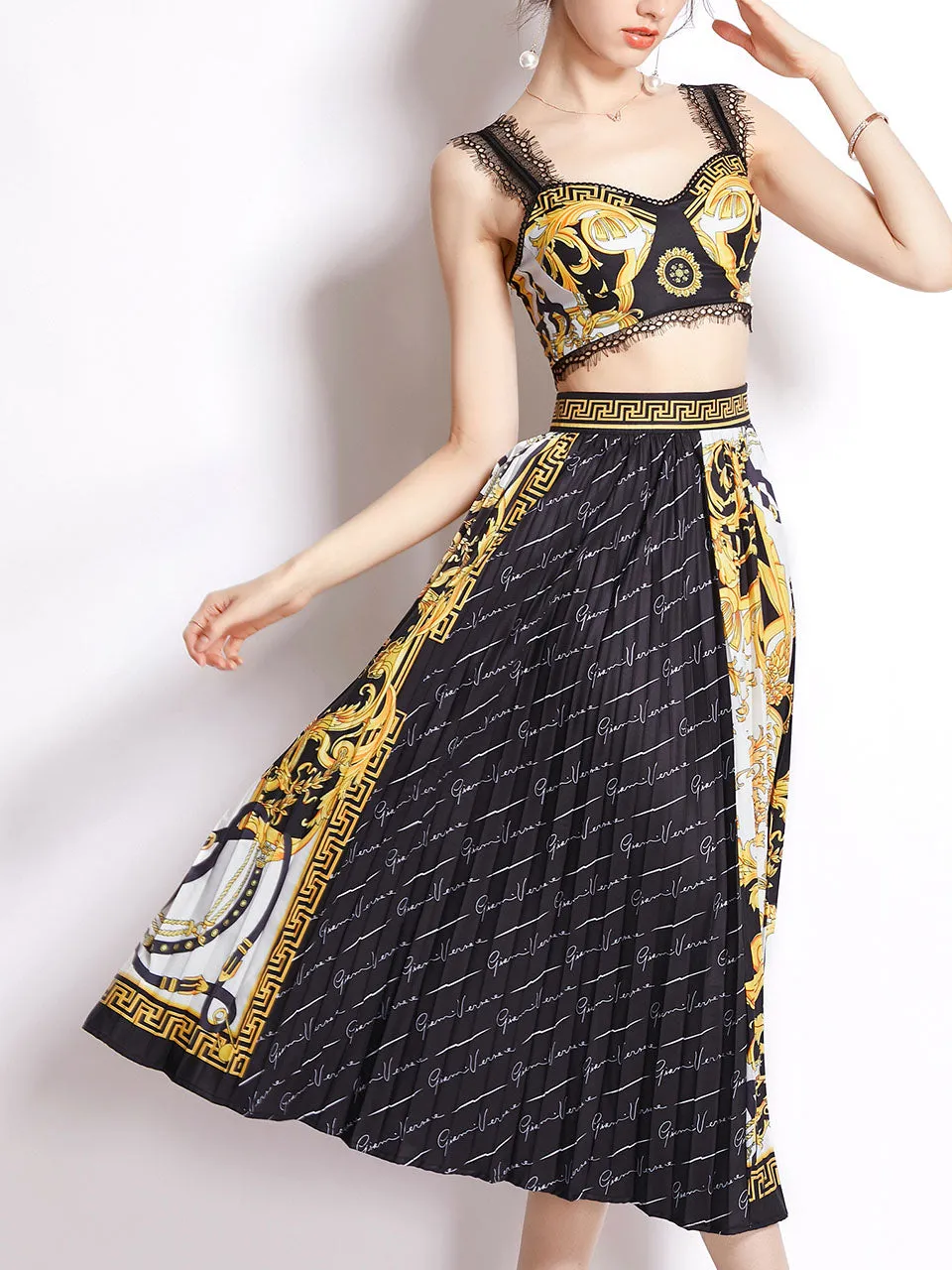 2PS Yellow Lace Strap Floral Print Sleeveless Top And Pleated Skirt Set