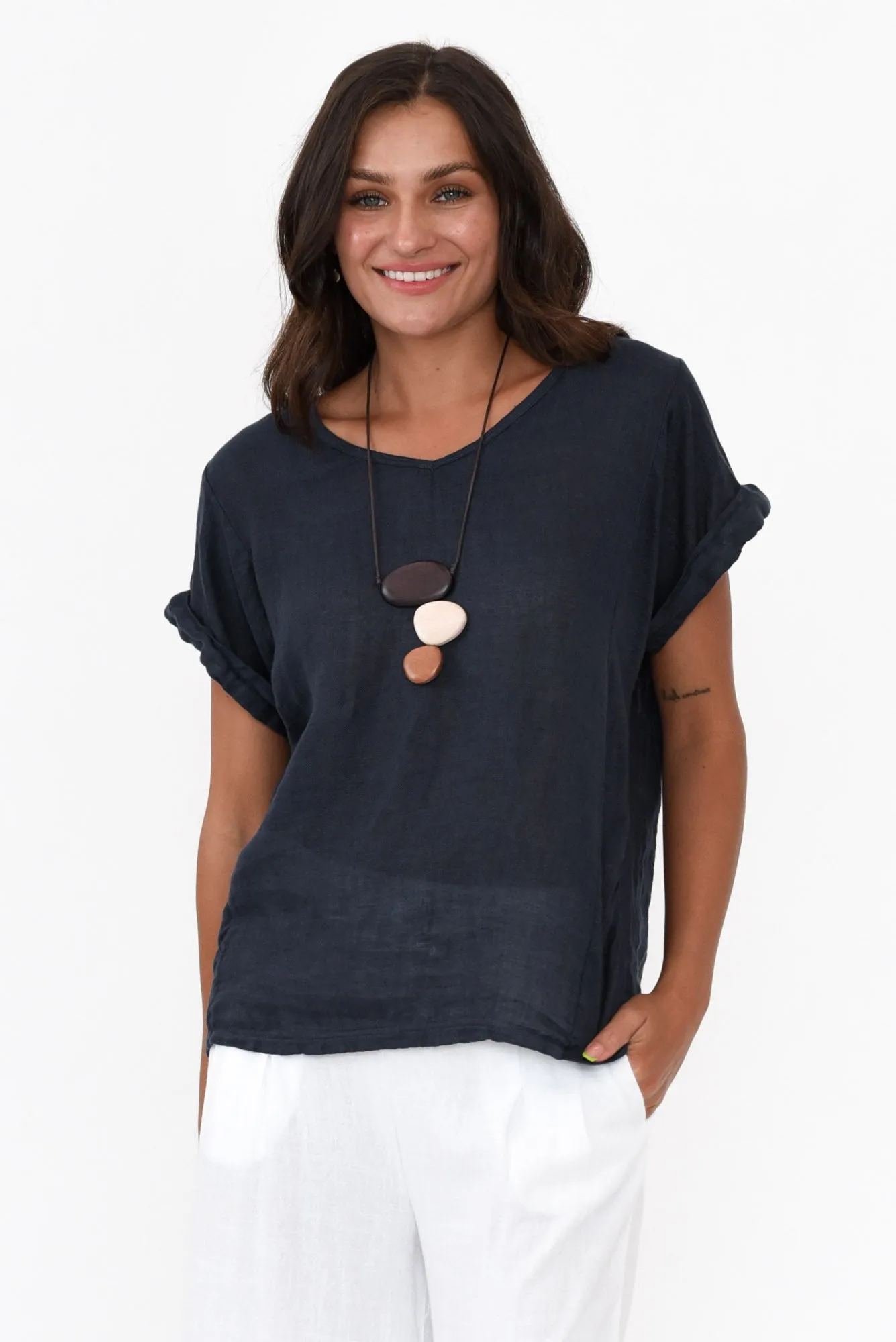 Anna Navy Linen Tee