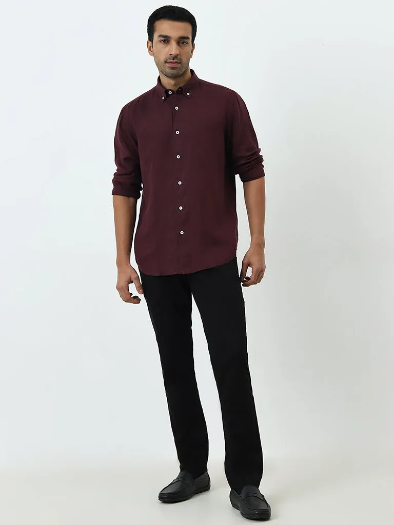 Ascot Wine Solid Relaxed-Fit Linen Shirt