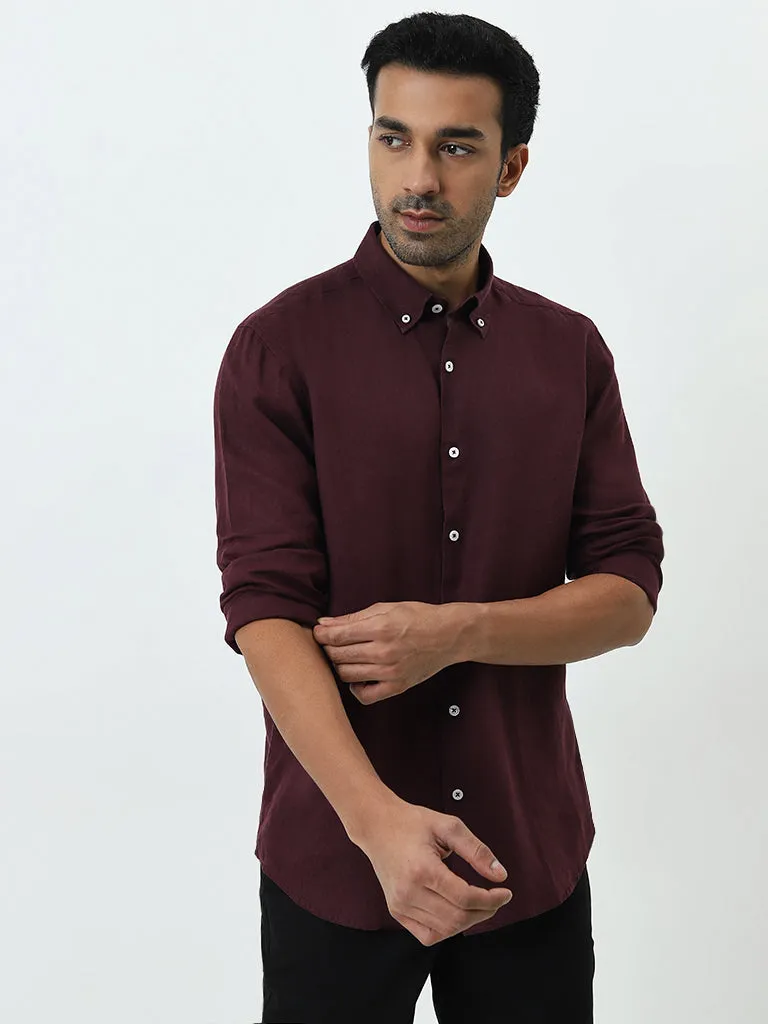 Ascot Wine Solid Relaxed-Fit Linen Shirt