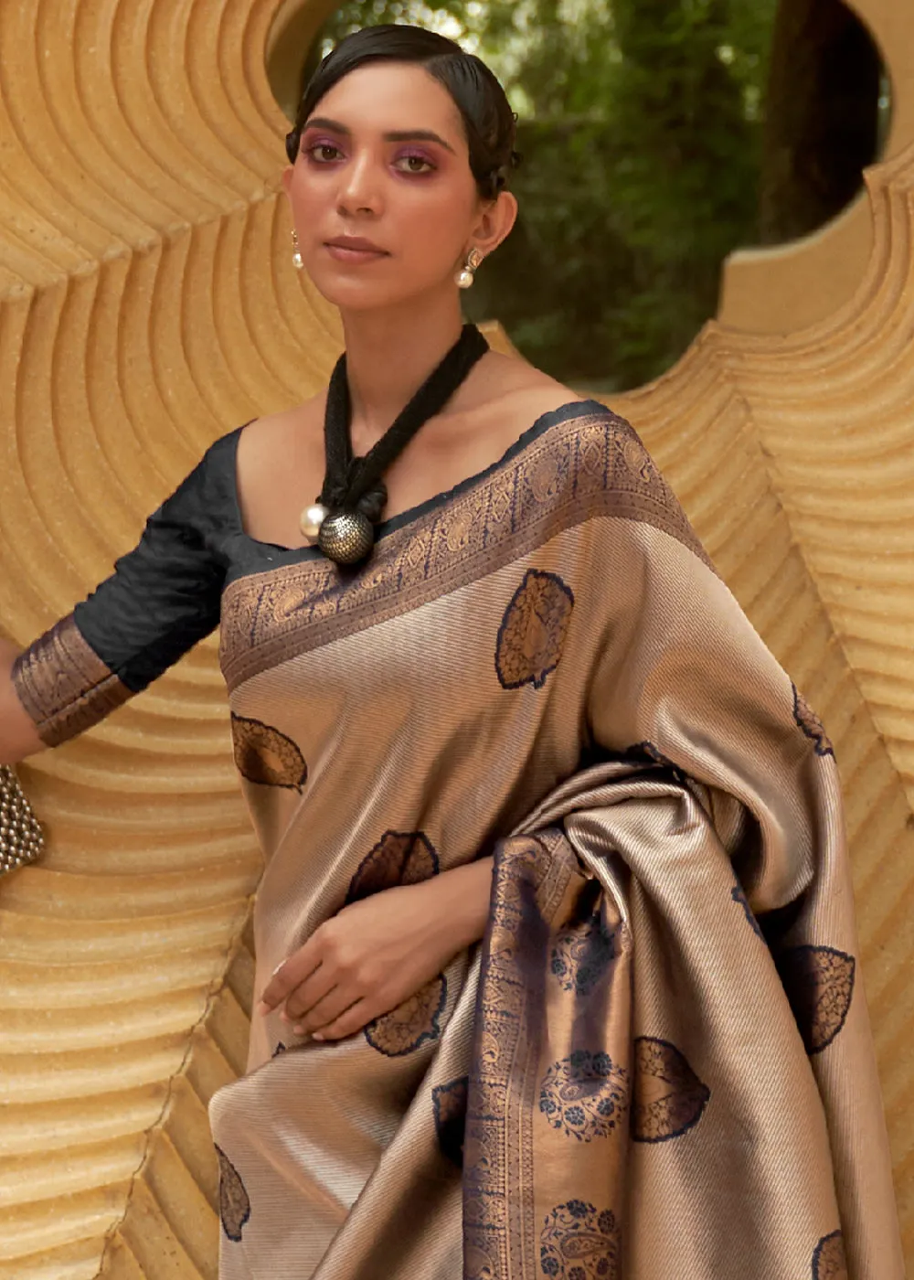 Black & Golden Two Tone Woven Silk Saree