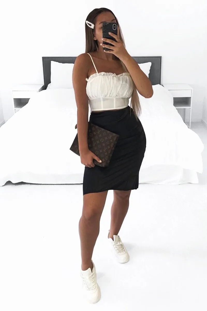 Black Satin High Waist Floaty Midi Skirt - Dasha