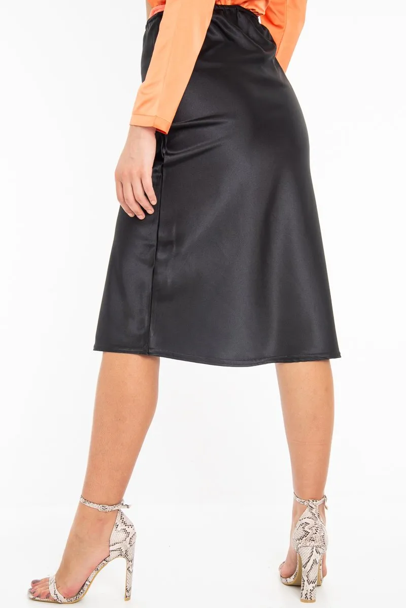 Black Satin High Waist Floaty Midi Skirt - Dasha