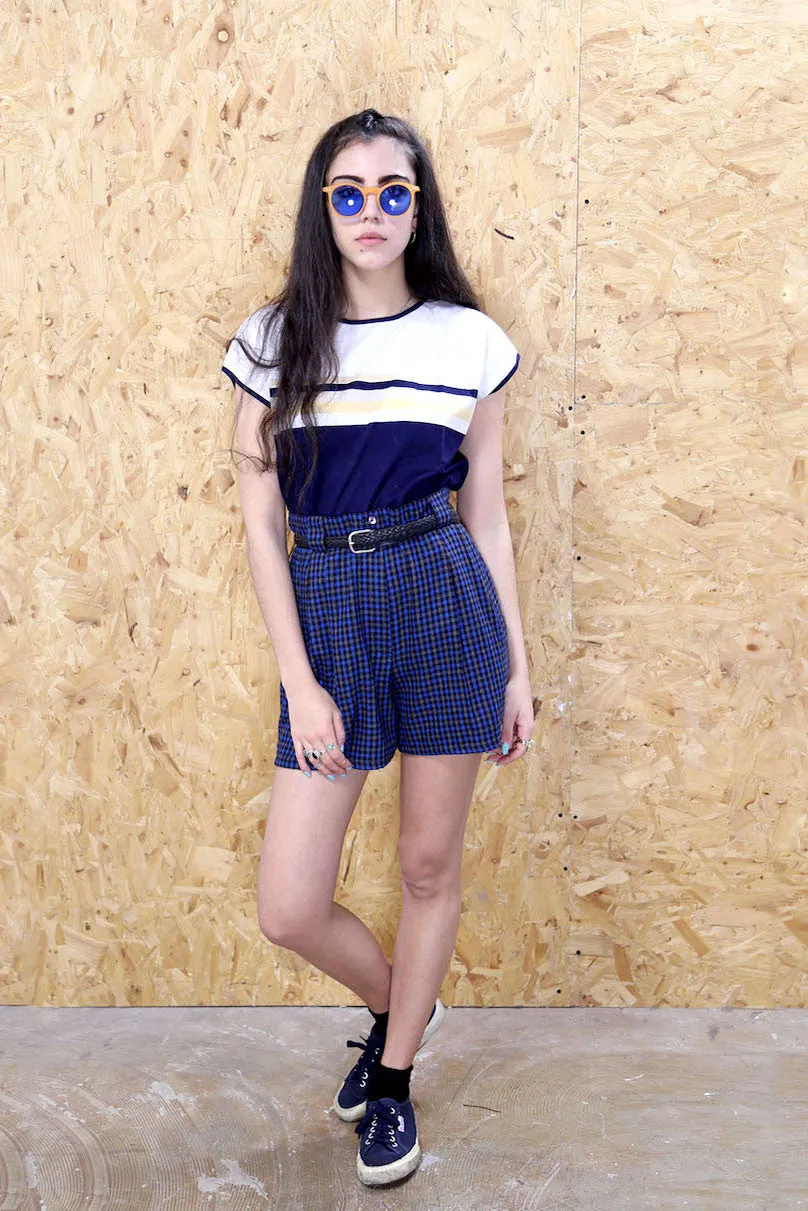 Blue High Waisted Plaid Shorts