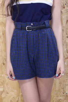 Blue High Waisted Plaid Shorts