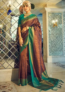 Brown & Green Zari Woven Designer Silk Saree