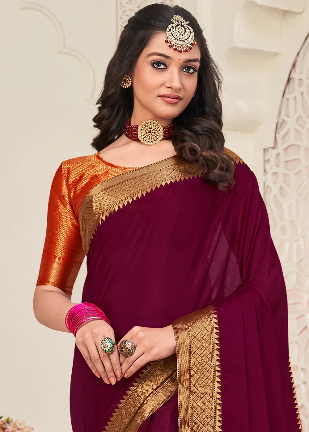 Burgundy Purple Woven Chinon Silk Saree