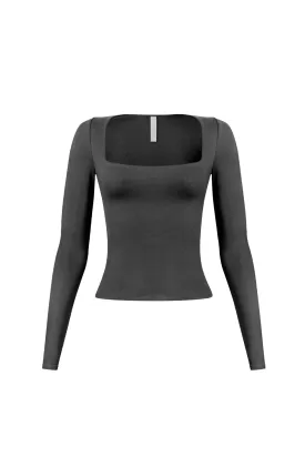 Cassie Long Sleeve Scoop Neck Top (Black)