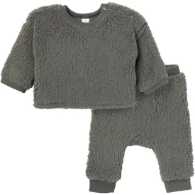 Embroidered 2-Piece Baby Boys Dark Green Sherpa Drop Shoulder Top & Pants