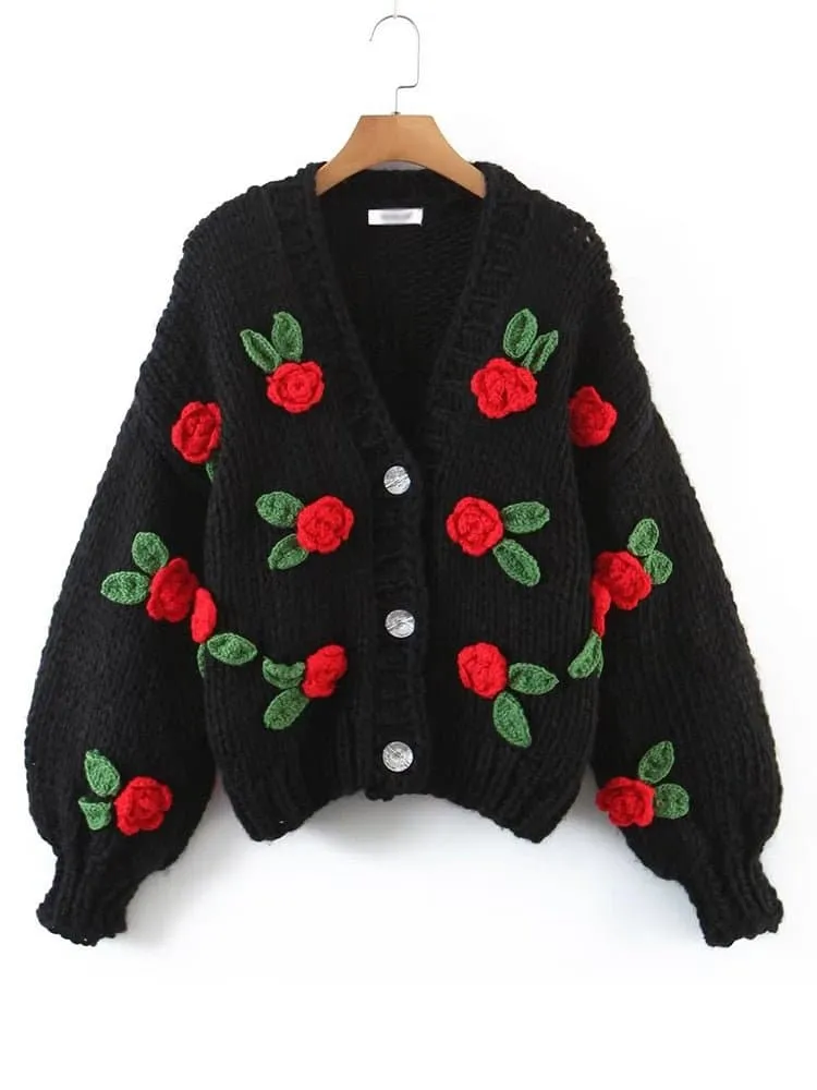 Floral Knitted Cozy Winter Sweater - Warm Loose Bohemian Style