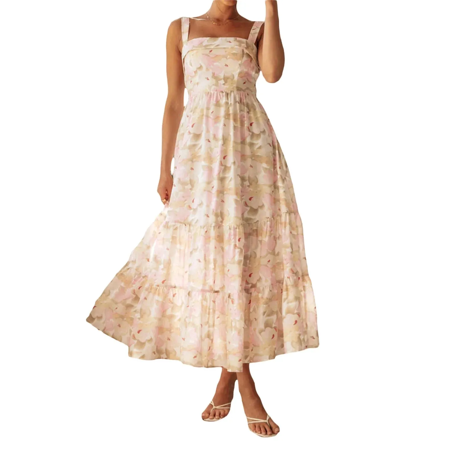 Floral Print Maxi Sleeveless V Neck Tiered Ruffle Cami Beach Party Sundress Casual Summer Dress