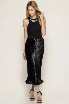 Metallic Pleated Midi Skirt