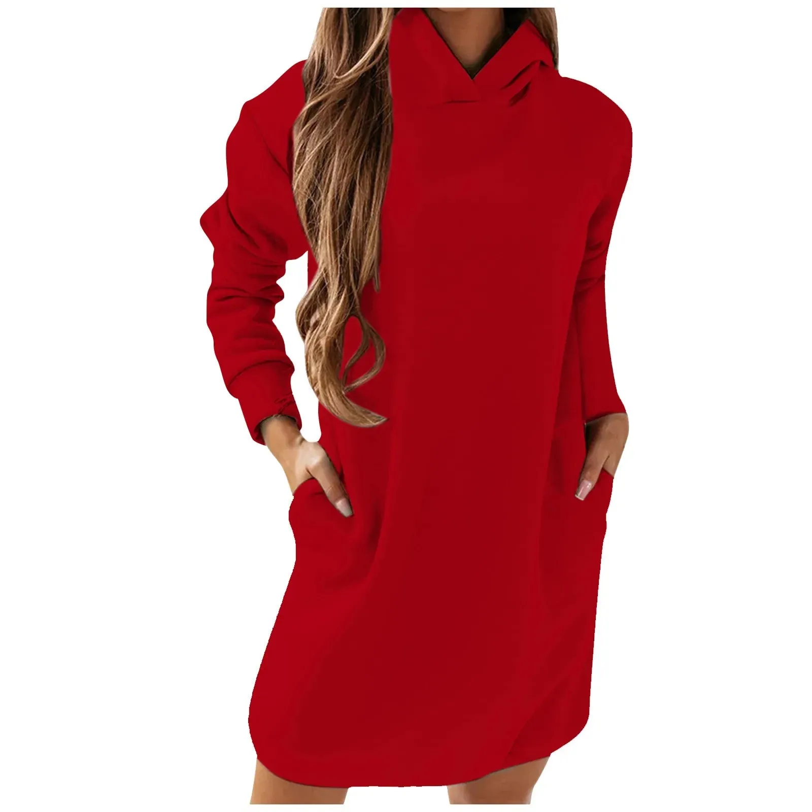 New Hooded Autumn Winter Long-sleeved Solid Color Sweatshirt Woman Casual Warm Dress