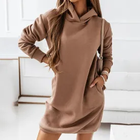 New Hooded Autumn Winter Long-sleeved Solid Color Sweatshirt Woman Casual Warm Dress