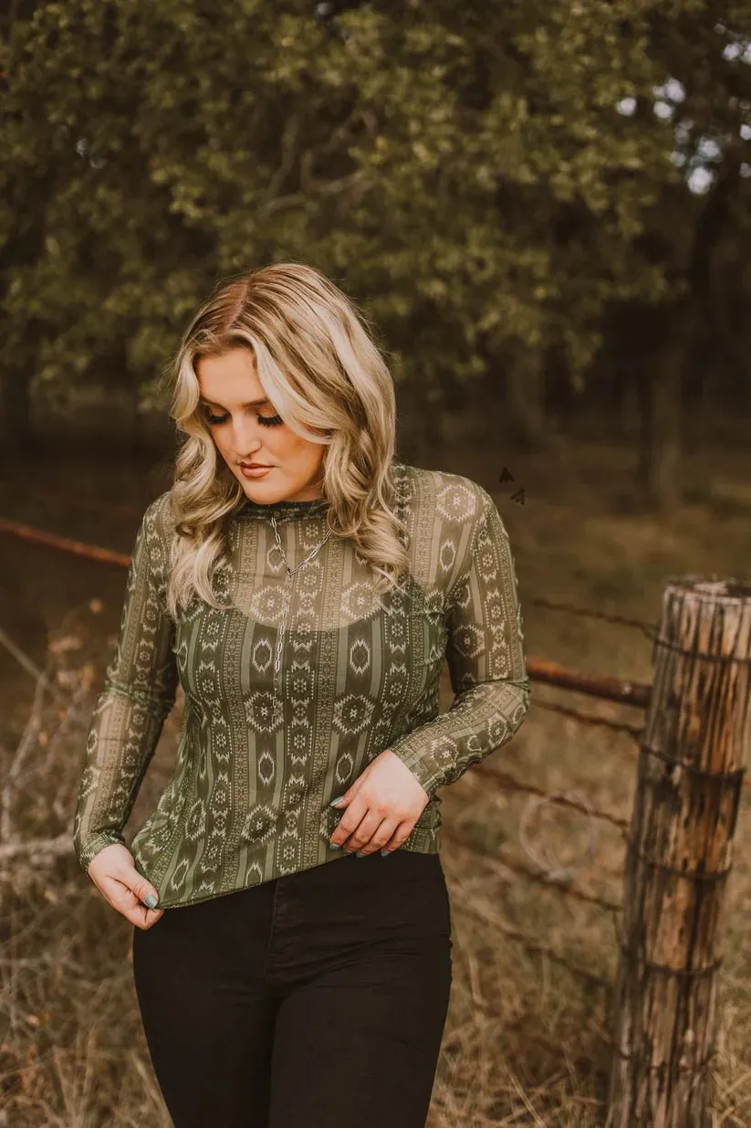 Olive Aztec Long Sleeve Mesh Top