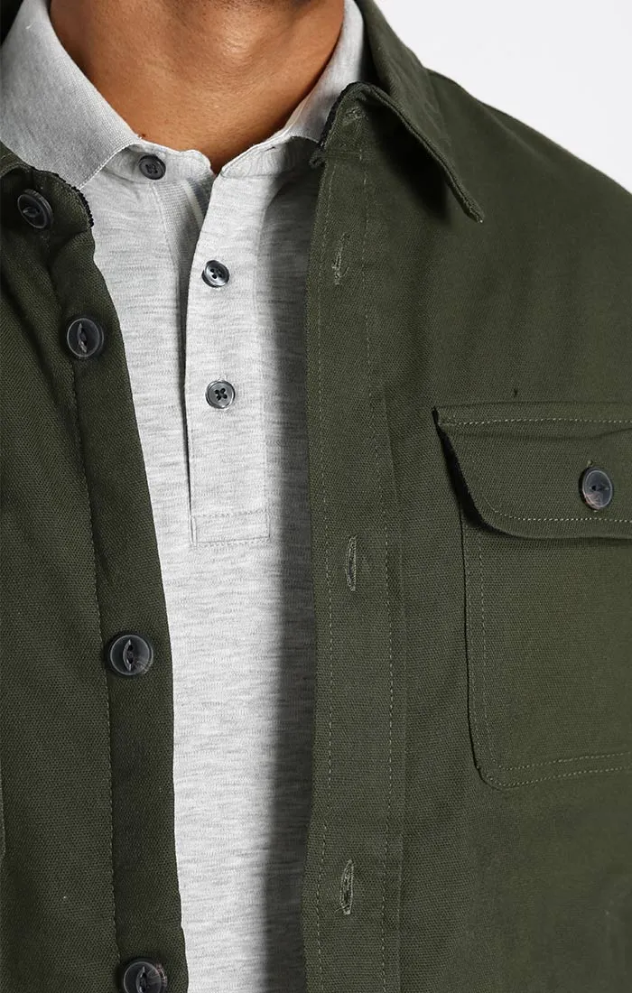 Olive Stretch Canvas Sherpa Shirt Jacket