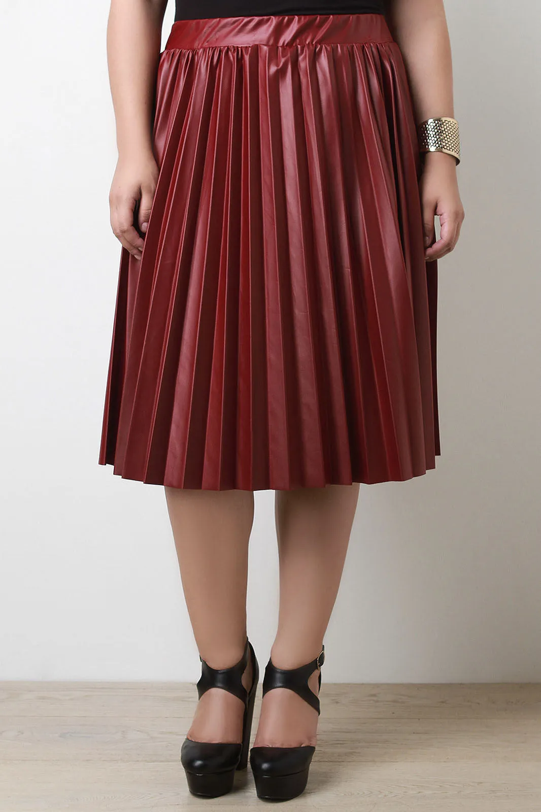 Pleated Faux Leather Midi Skirt