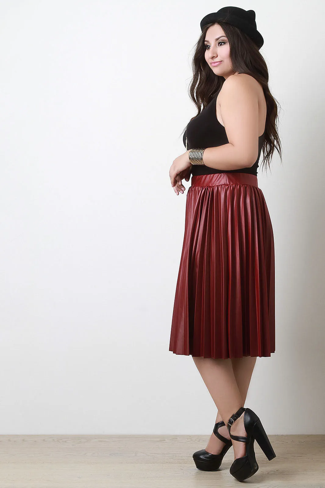 Pleated Faux Leather Midi Skirt