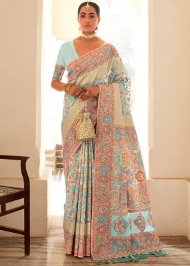 Powder Blue Banarasi Jamawar Kashmiri Woven Silk Saree