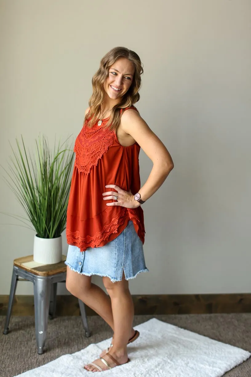 Rust Dressy Lace Detail Button Back Tank • M/L