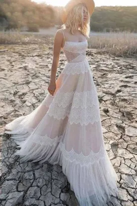 Spaghetti Straps Boho Tulle Lace Wedding Dress Boho Bridal Gown