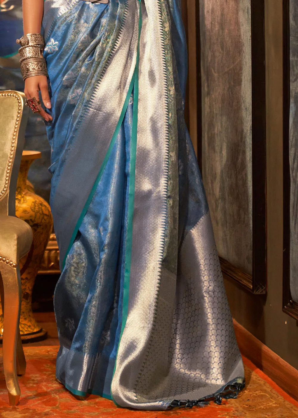 Steel Blue Two Tone Handloom Woven Organza Silk Saree