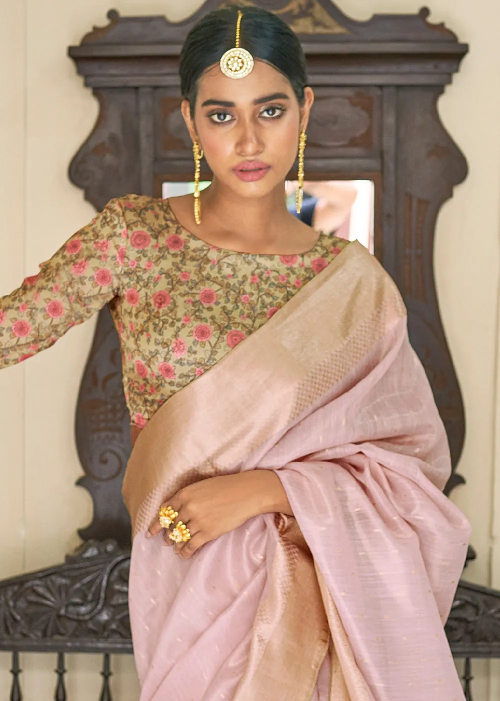 Sweet Pink Zari Weaving Tissue Silk Saree with kalamkari Print Blouse