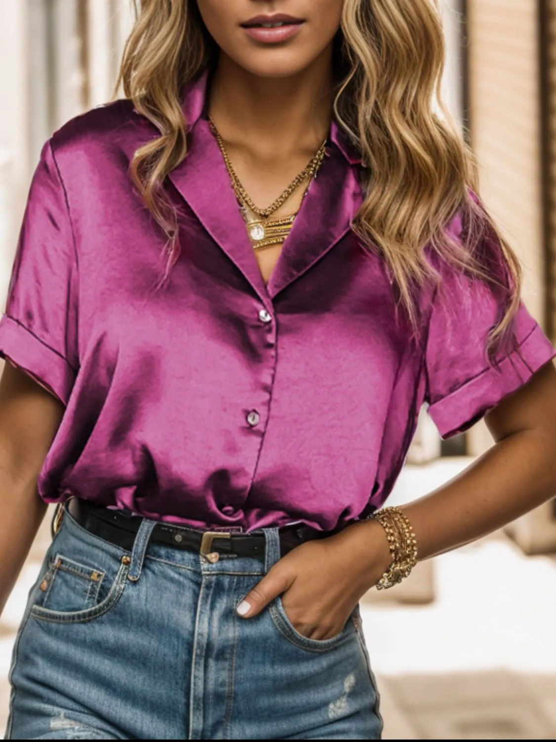 TEEK - Fuchsia Button Up Collared Short Sleeve Shirt