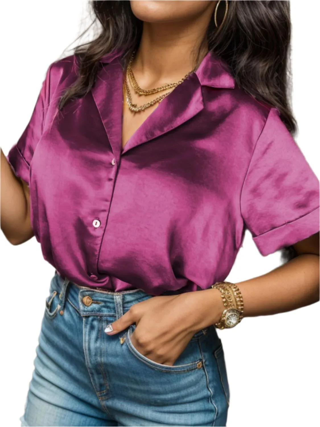 TEEK - Fuchsia Button Up Collared Short Sleeve Shirt