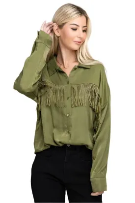 TEEK - Olive Green Fringe Trim Satin Shirt