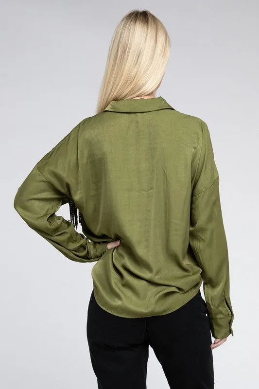 TEEK - Olive Green Fringe Trim Satin Shirt