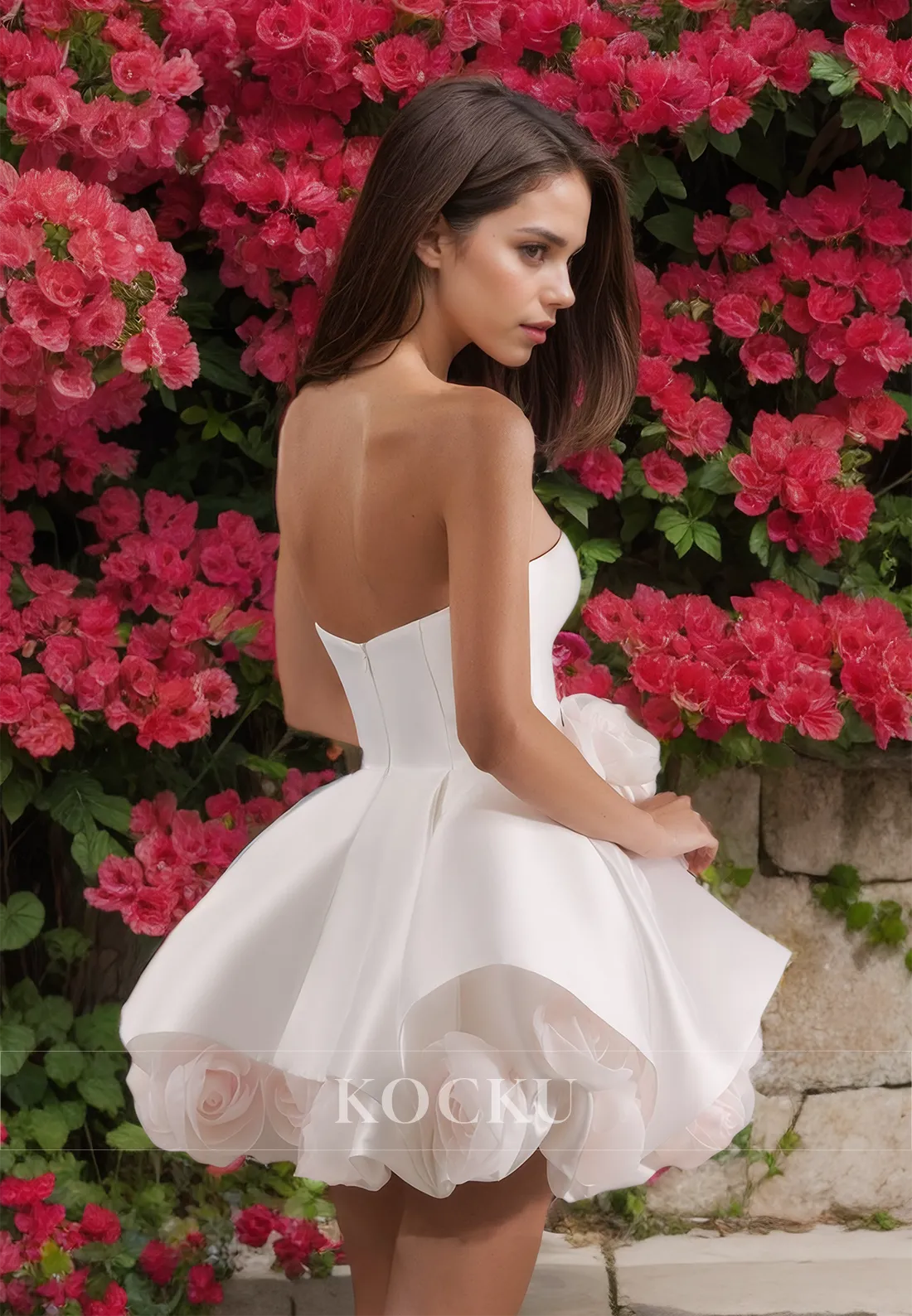 Tube Top A-Line Sleeveless Beach Gowns Pleated Satin Short Boho Wedding Dress with Floral Embossed