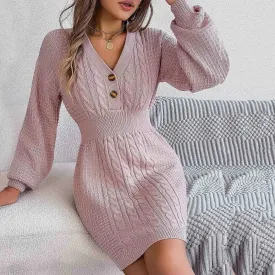 Winter Sexy V-neck Lantern Sleeve High Waist Knitted Pack Hip Party Warm Casual Autumn Dress