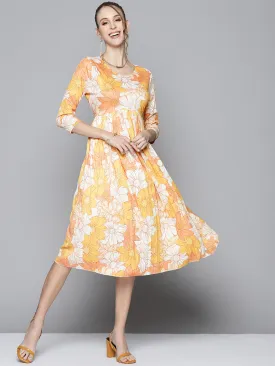 Women Mustard Floral Round Neck Pleated Dress